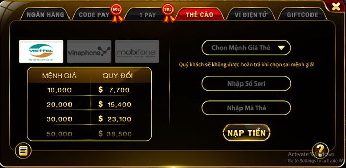 Cách nạp tiền Go88 bằng thẻ cào