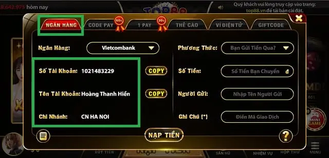 Cách nạp tiền Top88 qua ngân hàng