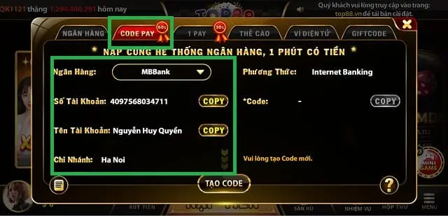 Cách nạp tiền Top88 qua Code Pay