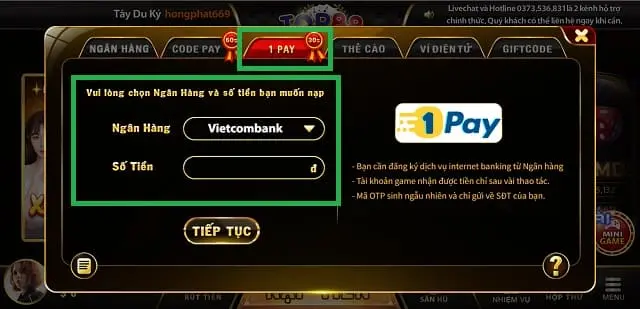 Cách nạp tiền Top88 bằng hình thức 1 Pay