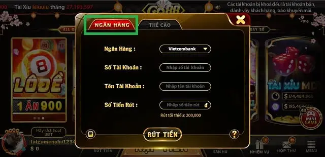 Cách rút tiền Go88 về tài khoản ngân hàng