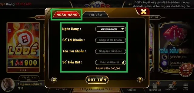 Rút tiền top88 về tài khoản ngân hàng