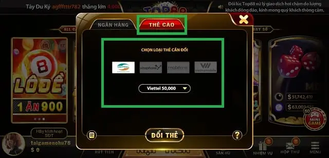 Rút tiền Top88 bằng thẻ cào điện thoại
