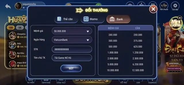 Giao dịch nạp rút trực tiếp qua Banking hoặc Momo