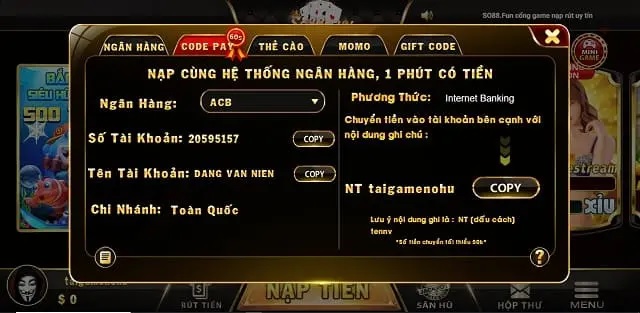 Tỷ lệ vàng nạp rút 1:1 không phụ phí tại So88 Club