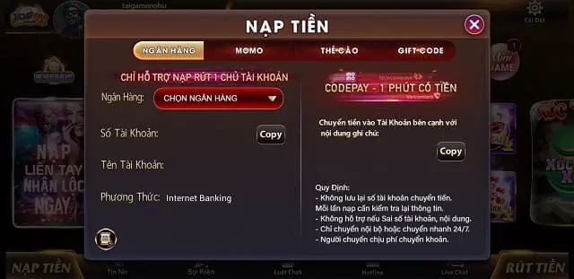 Hệ thống nạp rút và List game ấn tượng