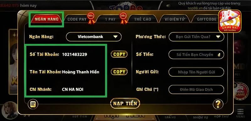 Nap Tien Vao Tai Khoan Cua Ban Bang Ngan Hang